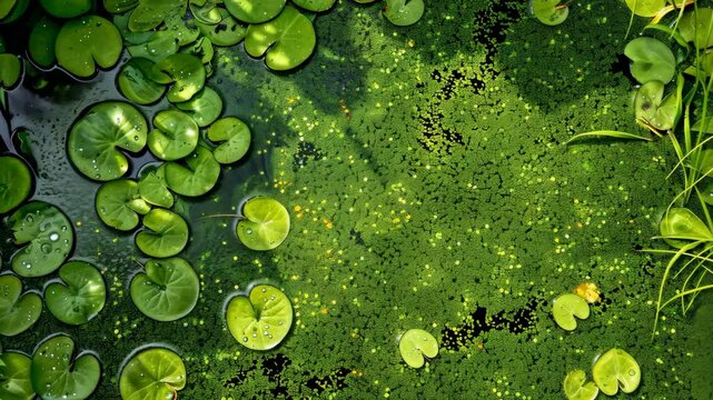Green lily pads float on top of a pond filled with algae