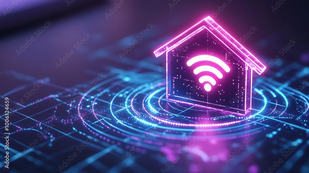 Poster digital smart home symbol with wi-fi connectivity on a futuristic interface.