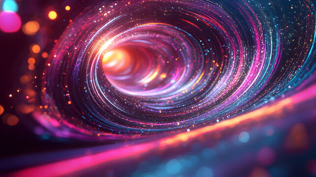 Neon Currents in Cybernetic Space, an immersive digital realm where vibrant light trails and swirling patterns create a thrilling cosmic journey.