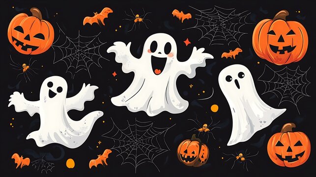 Halloween design with friendly ghosts, pumpkins, and spiders on a black background