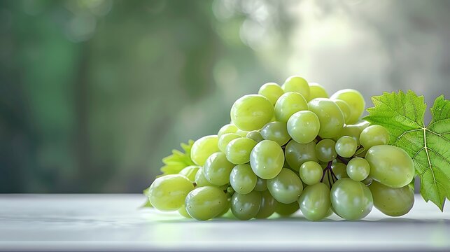 A cluster of fresh green grapes with leaves sitting on a white surface illuminated by natural light
