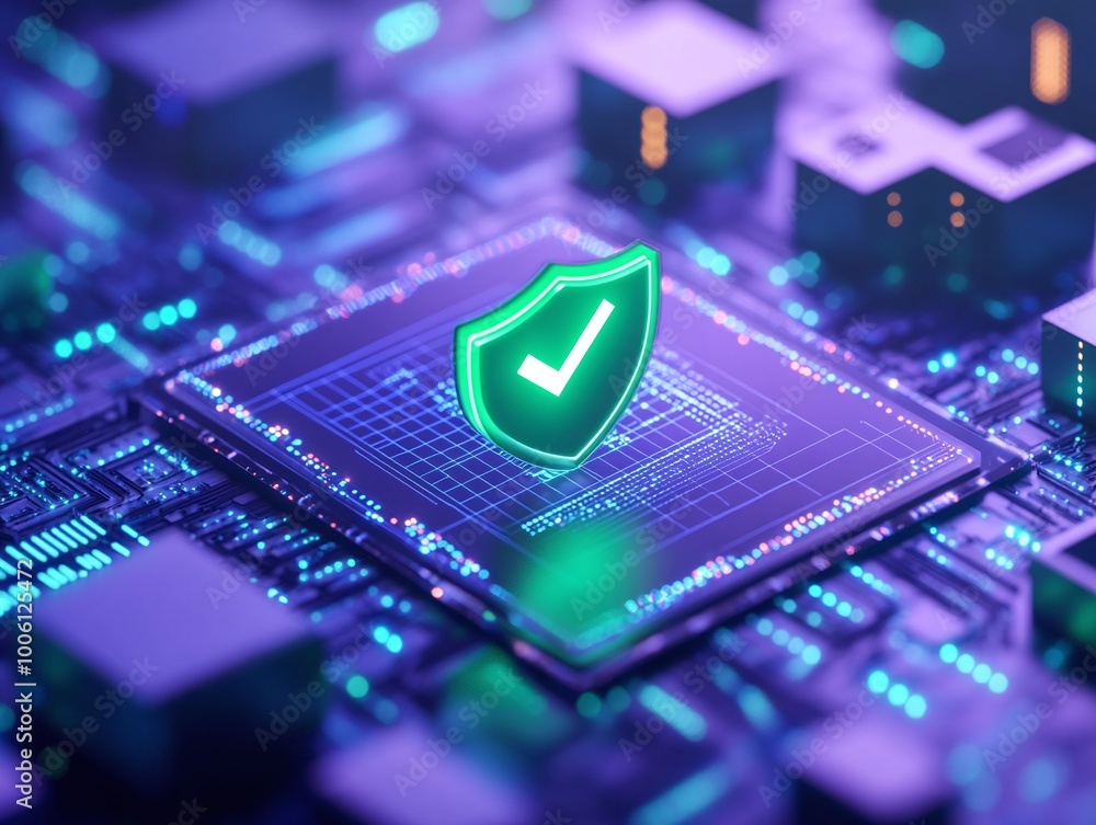 Poster futuristic computer chipset with a green shield symbolizing cybersecurity and protection. ideal for 