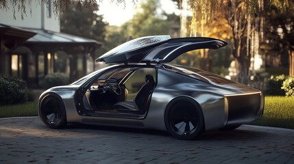 Fototapeta premium Futuristic Silver Sports Car Concept with Open Doors