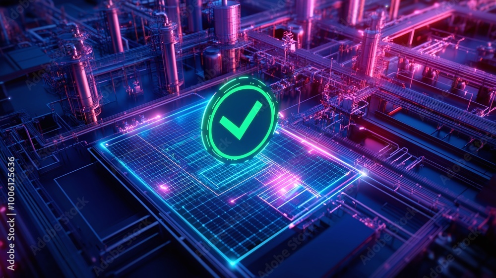 Poster futuristic digital checkmark symbol over a microchip, neon lights and circuitry background, symboliz