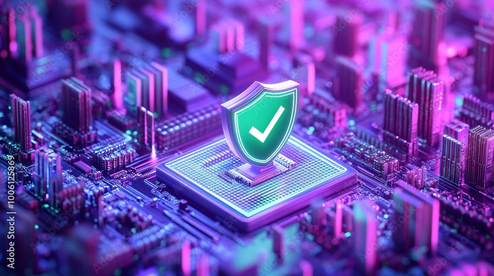 Poster futuristic digital circuit with a shield symbolizing cybersecurity and protection in a vibrant neon 