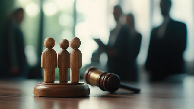 A wooden family figure and a judge's gavel set against the backdrop of a courthouse, with a lawyer standing blurred in the background, representing divorce, child custody, and alim