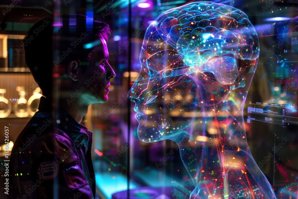 Aufkleber exploring the boundaries of technology and consciousness through vivid digital imagery in a futurist