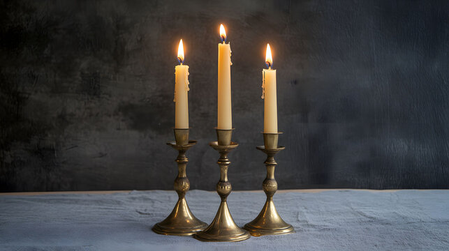 Elegant brass candlesticks adorned with tall lit candles, set against a soft grey backdrop, creating a warm and inviting atmosphere.