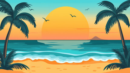 Obraz premium beautiful sunrise over serene beach with gentle waves and palm trees