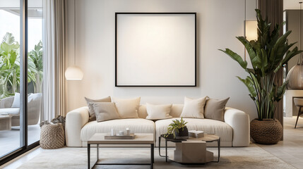 Naklejka premium bright living room with cozy sofa and decorative plants, creating serene atmosphere