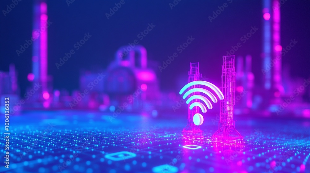 Poster futuristic digital representation of a wireless signal symbol on a glowing microchip background.