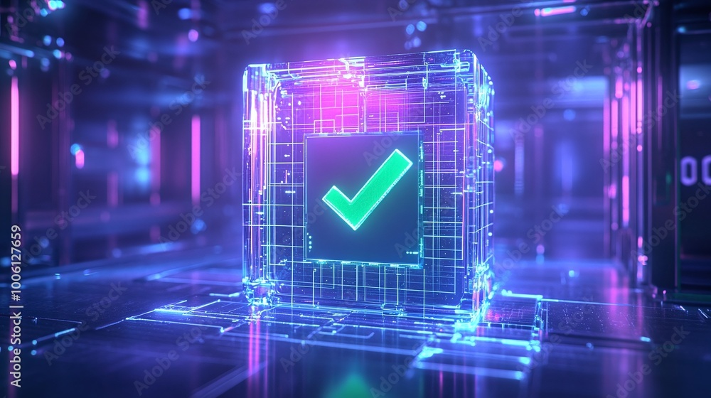 Poster futuristic hologram check mark inside a glowing cube, ideal for digital and tech concepts, white iso