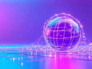 Fototapeta premium Futuristic glowing globe with light connections on a vibrant purple background.