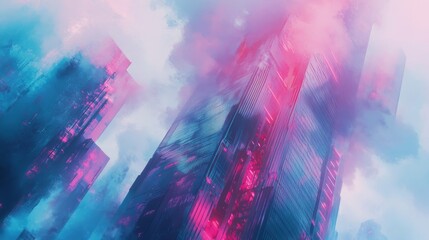 Futuristic skyscraper depicted in a watercolor painting, with soft, blended neon colors and abstract forms.