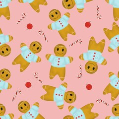 Seamless pattern for Christmas design with gingerbread man, cookies and candies
