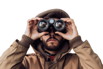 Close-up of a person holding binoculars up to their eyes, focusing intently, with a white background