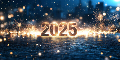 New Year banner with a large "2025" in the middle, surrounded by golden stars, glittering lights, and fireworks exploding across the night sky, welcoming the New Year with joy.