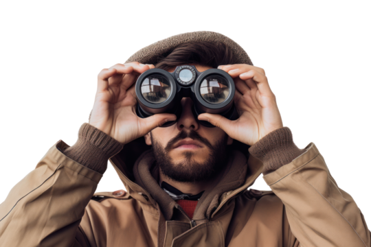 Close-up of a person holding binoculars up to their eyes, focusing intently, with a white background