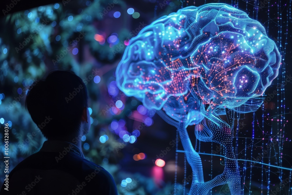 Poster exploring the digital mind: a captivating encounter with a holographic brain in a vibrant, illuminat