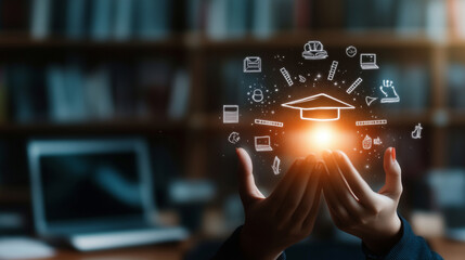 Hands lifting a glowing graduation cap icon, with streams of educational symbols like rulers, chalkboards, and laptops radiating outward, over a soft, bright back-to-school backgro