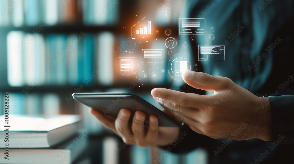 Poster hands raising a tablet icon, symbolizing e-learning, with an array of floating digital books, graphs