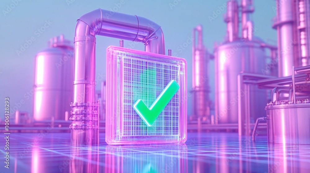 Poster Futuristic industrial scene featuring a glowing green check mark on a digital grid with pipelines in the background. Smart factory concept.