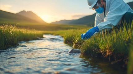 Stream water testing by a scientist in protective gear, carefully gathering samples for accurate pollution analysis.