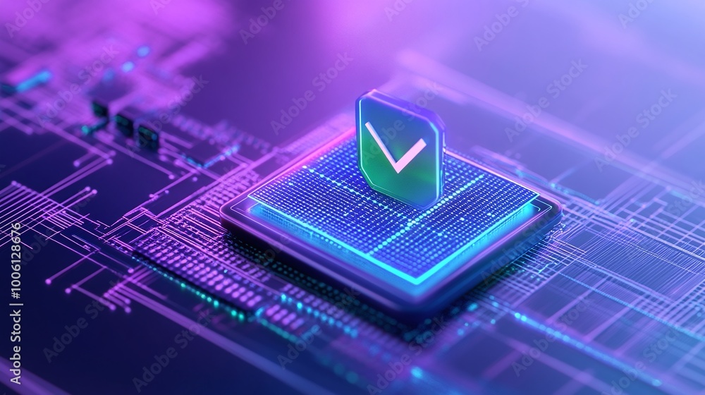 Poster futuristic microchip design with a glowing checkmark symbol, representing innovation and efficiency.