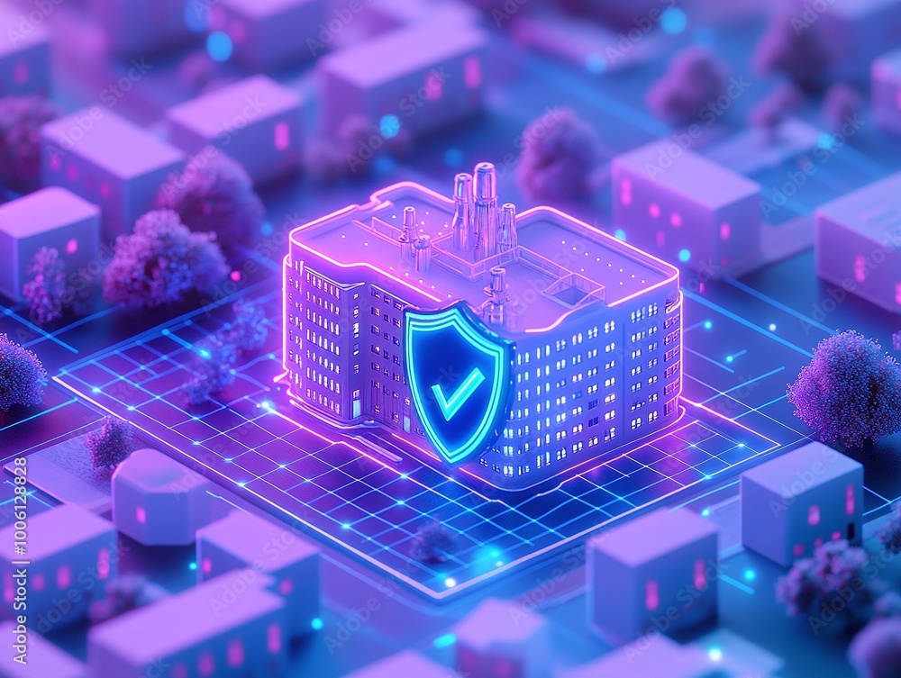 Poster futuristic neon building with a shield symbolizing security and technology, surrounded by a digital 