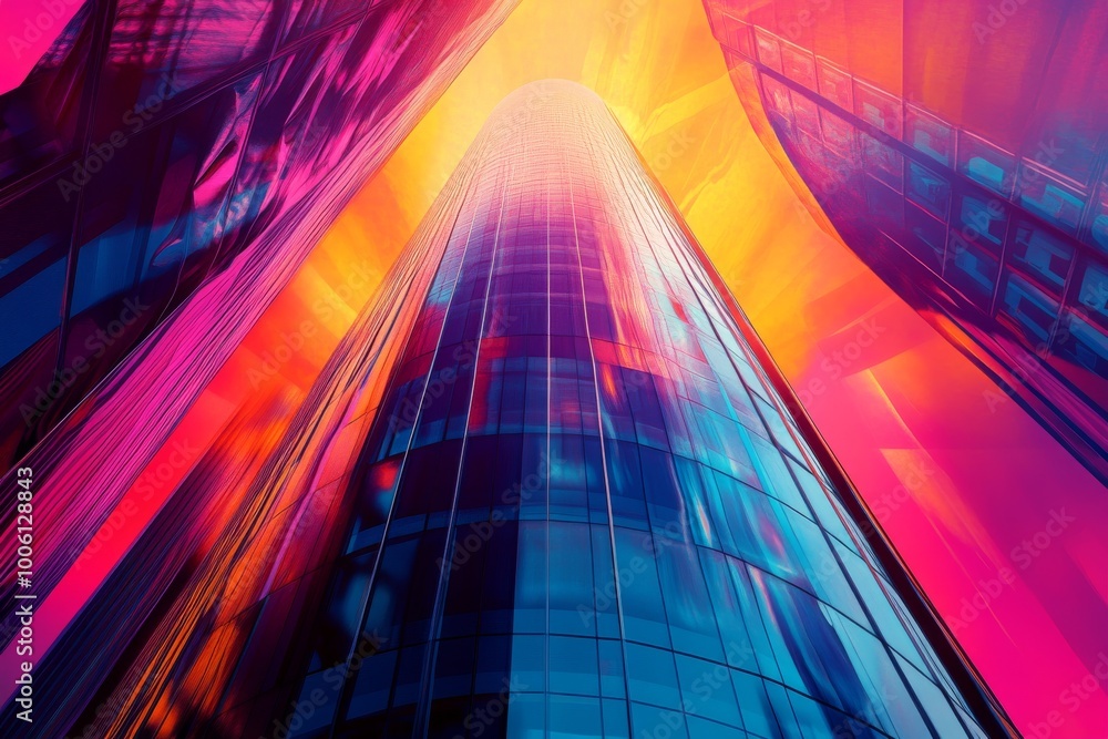 Poster futuristic skyscraper set against a background of abstract neon patterns and dynamic colors.