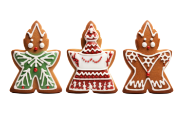 Christmas-themed gingerbread cookies shaped as reindeer, Santa Claus isolated on a white background