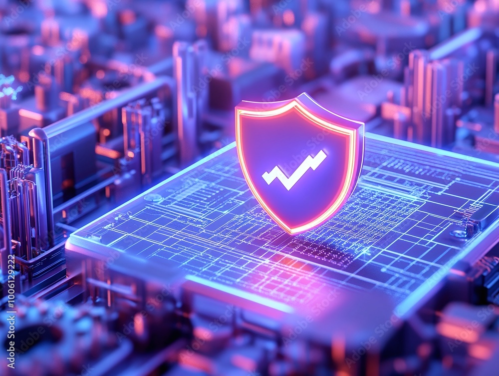 Aufkleber futuristic shield symbol on a digital microchip, representing cybersecurity and data protection.