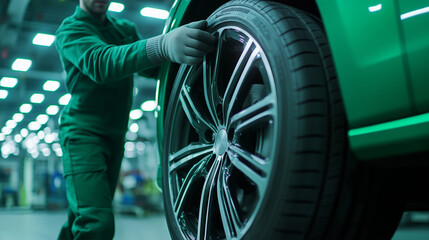 Mechanicâs hands in sturdy gloves adjusting a new all-season tire, the tread pattern highlighted under workshop lighting, with a soft green background symbolizing eco-friendly tire