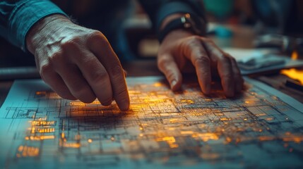 close-up of hands meticulously examining architectural blueprints under warm focused lighting capturing the intricate details and layout of the plans suggesting a late-night work session