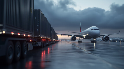 Fototapeta premium A line of logistics containers on the tarmac being pulled by ground vehicles toward a modern air freighter jet, the airplaneâs loading doors open wide against the backdrop of a clo