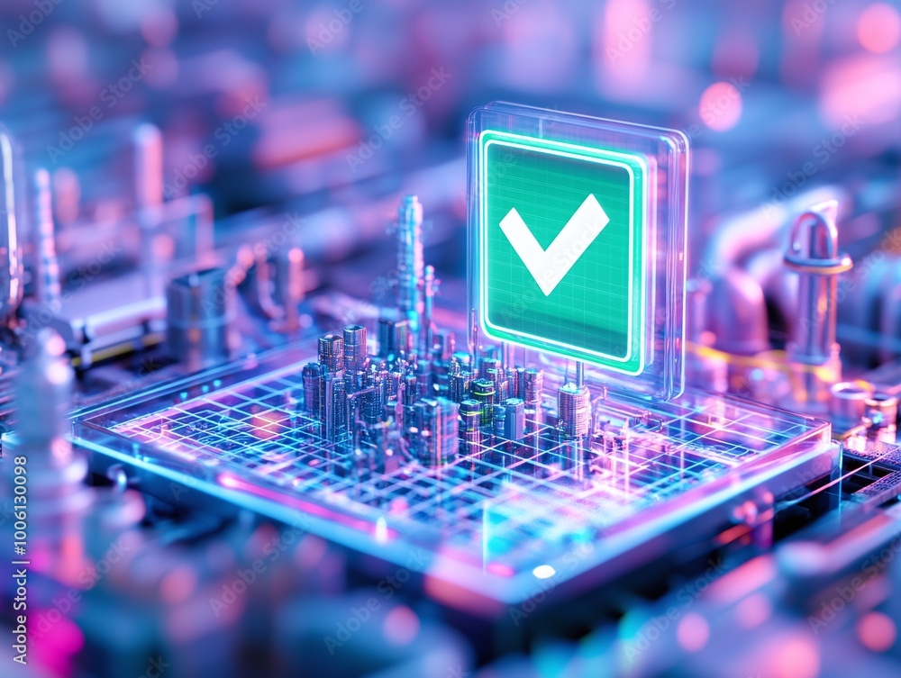 Poster futuristic technology with a digital checkmark symbolizing verification on a circuit board.