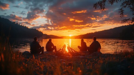 A serene lakeside scene at sunset close up group of friends gathered around a cozy bonfire