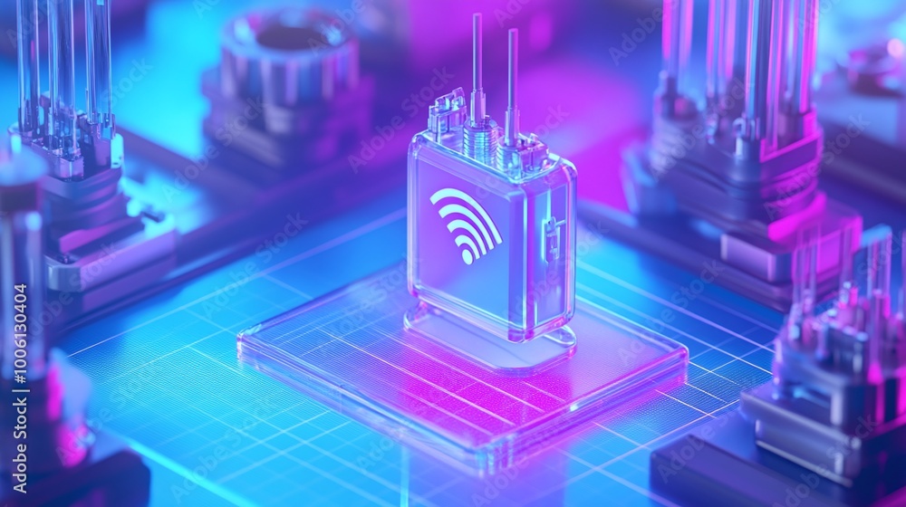 Poster futuristic wireless technology circuit board with glowing elements in a vibrant neon color scheme.