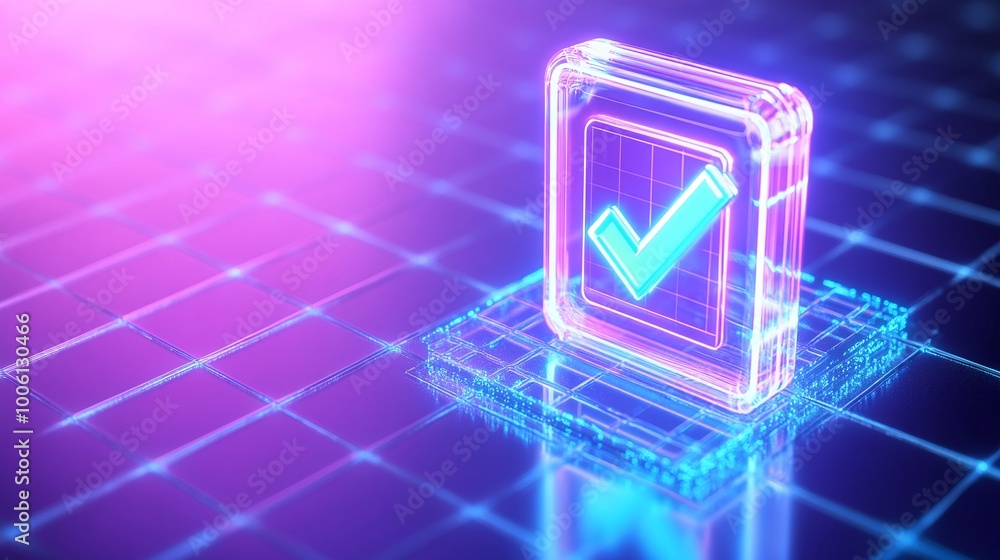 Poster glowing checkmark symbol on a digital interface, representing success and approval in technology.