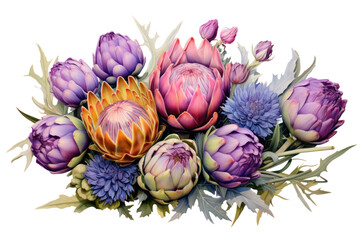 Fototapeta premium Artistic arrangement of artichokes in full bloom, showcasing their layered, vibrant petals with a clean white background