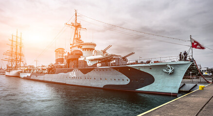 Military naval ship in port of Gdansk