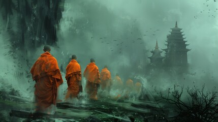 Fototapeta premium A group of monks dressed in orange robes walks through a mystical fog, heading to a temple shrouded in mystery at dawn