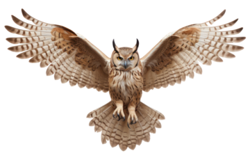 An owl in mid-flight with wings fully extended, showcasing intricate feather patterns against a clean white background.