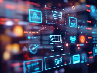 Fototapeta premium 2408 11.A modern online shopping concept displayed on a computer screen, featuring a virtual interface with a detailed shopping cart and product listings. The background includes vibrant icons of