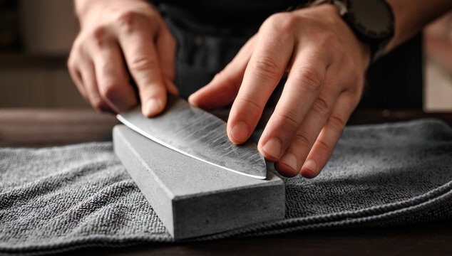 Man sharpening a knife with whetstone