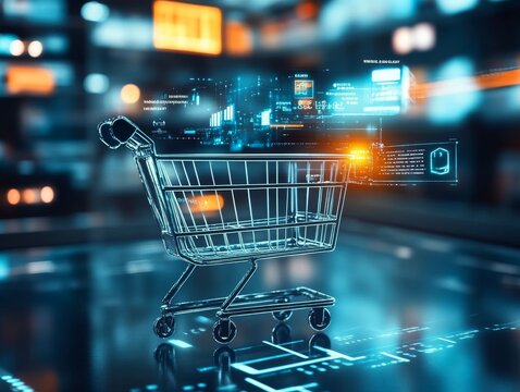 2408 15.A digital marketplace interface with a sleek shopping cart at the center, surrounded by various product listings and interactive elements. The online platform showcases the integration of