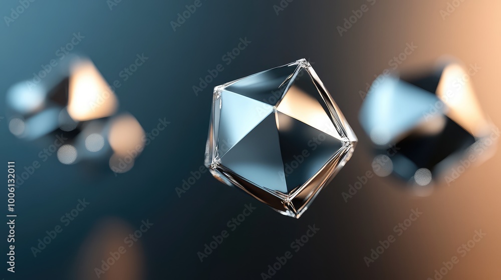Poster metallic, 3d geometric shapes floating in space, casting soft shadows and reflections against a dark