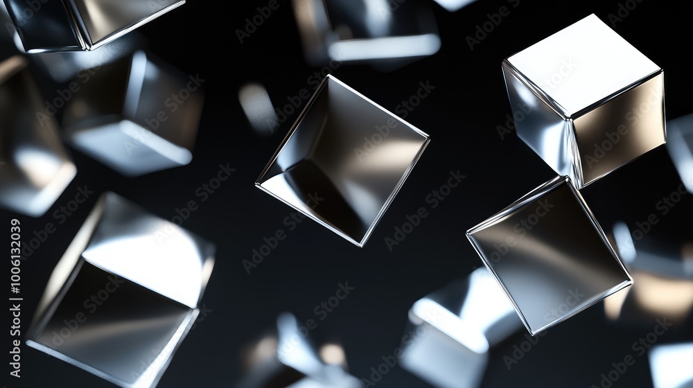 Poster metallic, 3d geometric shapes floating in space, casting soft shadows and reflections against a dark