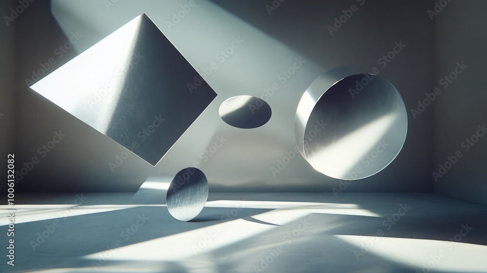 Aufkleber metallic, 3d geometric shapes floating in space, casting soft shadows and reflections against a dark