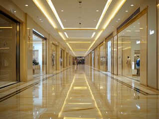 Obraz premium 2408 17.A shopping mall corridor in Jakarta, featuring shiny marble floors that mirror the elegant lighting from the ceiling. The cove lights cast a gentle reflection on the marble surface, enhancing